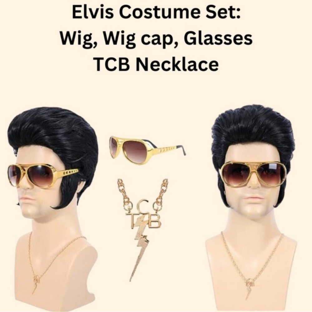 Elvis Halloween Costume Accessories Wig Hair Gold Glasses TCB Necklace Brand New